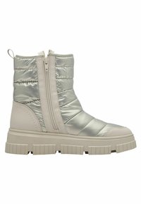Lichtbeige gewatteerde enkelboot met dikke rubberen zool en ritssluiting aan de zijkant, ontworpen voor koud weer.