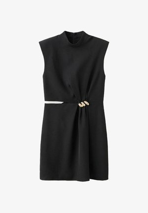 Abito nero senza maniche con colletto alto, dettaglio annodato frontale e accenti decorativi beige in vita. Tessuto di consistenza liscia.