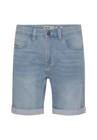 Ljust blå denimshorts med uppvikt nederkant, fem fickor, knäppning med knapp och subtila blekna mönster över hela tyget.