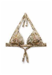 Top de bikini triangular con estampado de hojas tropicales en verde, marrón y beige, con cierres de lazos en el cuello y la espalda sobre fondo blanco.