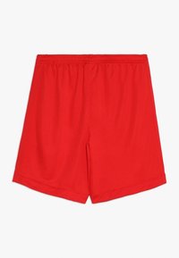 Pantalones cortos deportivos rojos con cintura elástica, fabricados en tejido ligero y con paneles laterales de malla, exhibidos de forma plana sobre un fondo blanco.