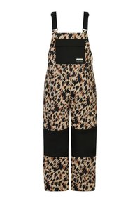 Salopette multicolore con stampa leopardata e dettagli neri, con spallacci regolabili e una tasca frontale. Realizzata in materiale resistente e testurizzato.