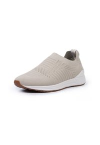Baskets slip-on en tricot beige avec dessus texturé, col élastique et semelle intermédiaire blanche. La semelle extérieure encaoutchouc assure adhérence et flexibilité.