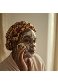 Applicazione di detergente viso su una donna con un foulard dalla fantasia. Usa un dischetto detergente rotondo, con schiuma sul viso e indossa un morbido accappatoio.