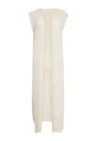 Knie-lange, mouwloze cardigan in off-white haakbreiwerk, met geometrische patronen en een open voorkant ontwerp.