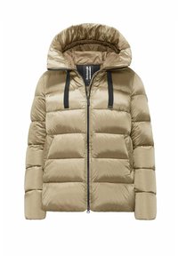 Gevoerde jas in lichtbeige met een glanzende afwerking, voorzien van een hoge kraag, een ritssluiting aan de voorkant en zwarte koorden op de capuchon.