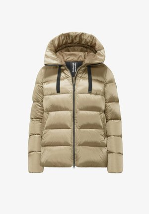 Padded jacket in light beige with a shiny finish, featuring a high collar, a zipper front, and black drawstrings on the hood.