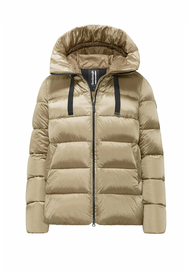 Gevoerde jas in lichtbeige met een glanzende afwerking, voorzien van een hoge kraag, een ritssluiting aan de voorkant en zwarte koorden op de capuchon.