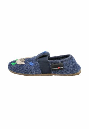 Pantofole blu in feltro scivolanti con cinturino elastico, toppe decorative e suola in gomma, marchiate Haflinger.