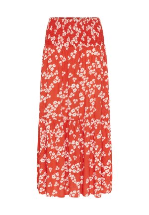 Fustă roșie cu motive florale, cu talie elastică, prezentând flori albe și un design în straturi. Confecționată dintr-un material ușor pentru confort.