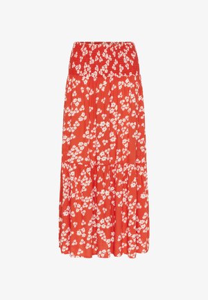 Fustă roșie cu motive florale, cu talie elastică, prezentând flori albe și un design în straturi. Confecționată dintr-un material ușor pentru confort.