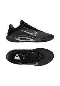 Zwarte sportschoenen met een gestroomlijnd ontwerp, voorzien van een gestructureerde bovenkant, zilveren accenten en een vetersluiting. Ronde zool voor comfort.