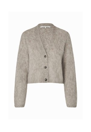 Mjukt grått korta kofta med långa ärmar, V-hals och tre mörka knappar på framsidan.