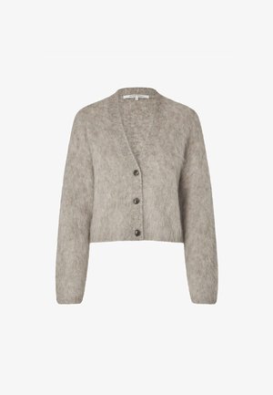 Blød grå cropped cardigan med lange ærmer, V-hals og tre mørke knapper nedad foran.