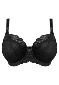 Reggiseno in pizzo nero con coppe sagomate e spalline regolabili. Presenta motivi floreali, una chiusura centrale e un bordo in tessuto liscio sotto le coppe.