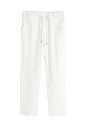Pantalons de jogging légers et blancs, avec une taille élastique, un cordon de serrage réglable et deux poches latérales. Texture lisse et design à jambes droites.