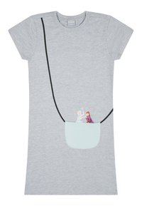 Szara sukienka T-shirt z krótkimi rękawami i czarnym paskiem, z jasnoniebieską kieszonką, na której nadrukowane są postacie dwóch sióstr z kreskówki.