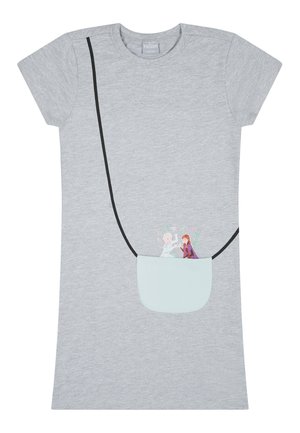 Robe t-shirt grise à manches courtes avec une sangle noire, présentant une poche bleu clair avec des personnages de dessin animé de deux sœurs imprimés dessus.