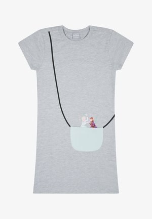 Abito t-shirt grigio con maniche corte e una fascia nera, dotato di una tasca azzurro chiaro con personaggi dei cartoni animati che rappresentano due sorelle stampati sopra.