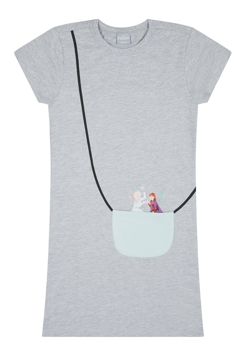 Szara sukienka T-shirt z krótkimi rękawami i czarnym paskiem, z jasnoniebieską kieszonką, na której nadrukowane są postacie dwóch sióstr z kreskówki.