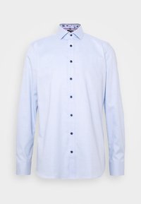 Light blue long-sleeve shirt with a subtle texture, black buttons, and a floral-patterned inner collar. Straight-cut hems and cuffs.