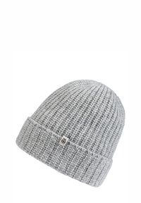Gray knitted beanie with a ribbed texture, featuring a folded cuff and a small logo tag on the side. Soft and warm fabric.