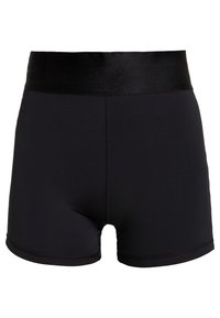 Shorts sportivi neri con una cintura ampia e liscia. Realizzati in materiale elastico, dotati di cuciture piatte e una vestibilità aderente per garantire comfort durante le attività.