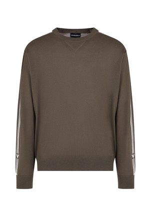 Maglione in maglia verde oliva con scollatura a V, strisce bianche lungo le maniche e polsini e orlo a coste. Texture liscia e vestibilità comoda.