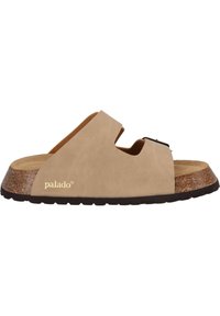Sandalo scivoloso in suede beige con punta aperta, dotato di una suola simile al sughero e di un accento con fibbia laterale. Plantare testurizzato per il comfort.