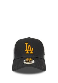 Black baseball cap with a structured crown, featuring a raised yellow "LA" embroidery, mesh side panels, and an adjustable strap.