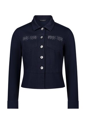 Marineblauw langarm jasje met zilveren knopen, twee borstzakken en decoratieve zilveren studs boven de zakken.