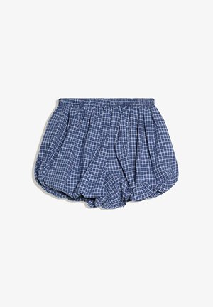 Blau-weiß kariert, locker sitzende Boxershorts aus Baumwolle mit elastischem Bund, flach auf weißem Hintergrund dargestellt.