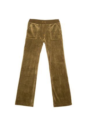 Pantaloni in velluto verde oliva con design a gamba larga, vita elastica, cordoncino e due tasche anteriori. Texture liscia e branding discreto.