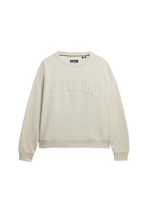 Sweatshirt beige clair en coton doux, avec un col rond, des poignets côtelés et "SUPERDRY" brodé sur le devant.