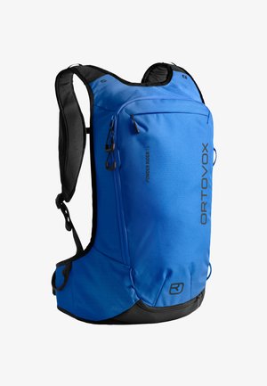 Blauer Ortovox Powder Rider 16 Rucksack mit gepolsterten Trägern, mehreren Reißverschlussfächern und schwarzem Boden, entworfen für Outdoor-Aktivitäten.