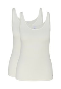 Weiße Tanktops aus glattem Stoff mit einem runden Ausschnitt und breiten Trägern, die eine taillierte Form und minimale Nähte aufweisen.