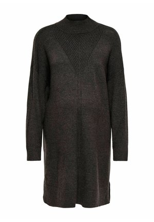 Longue robe-pull en maille gris foncé avec col montant côtelé, manches longues et motif en V texturé sur la poitrine et les bras.