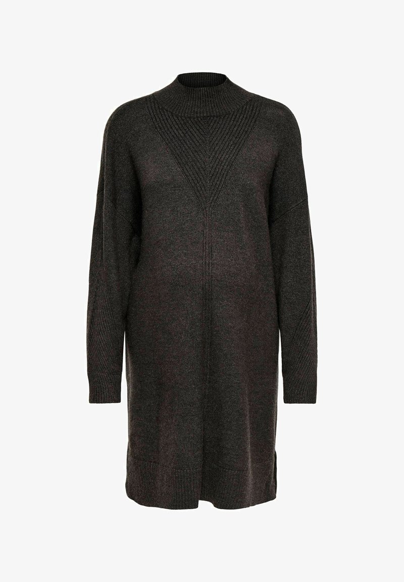 Longue robe-pull en maille gris foncé avec col montant côtelé, manches longues et motif en V texturé sur la poitrine et les bras.