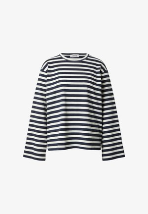 Langärmliges gestreiftes Hemd mit navyblauen und weißen horizontalen Streifen, runder Ausschnitt und lockerer Passform. Aus weichem Baumwollmaterial.