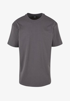 Graues Baumwoll-T-Shirt mit Rundhalsausschnitt, kurzen Ärmeln, regulärer Passform und glatter Textur. Es sind keine Muster oder Verzierungen vorhanden.