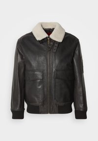 Black leather bomber jacket with a white shearling collar. Features gold zipper, two front pockets, ribbed cuffs, and a structured design.
