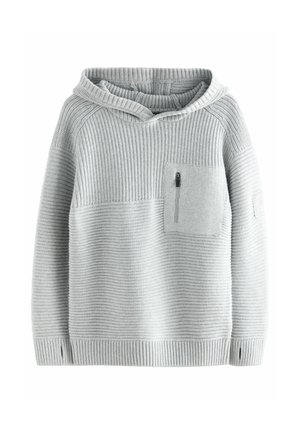 Graue gestrickte Kapuzenjacke mit strukturierten Einsätzen, einer Fronttasche und einem gerippten Saum. Verfügt über eine Kapuze und einen Reißverschluss an der Tasche.