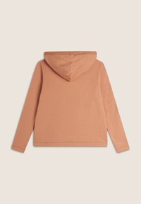 Felpa con cappuccio in un morbido colore terracotta, caratterizzata da una texture liscia, maniche lunghe e un design semplice, con scollatura e orlo arrotondati.