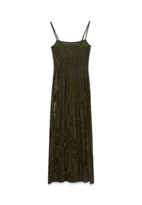 Long, dark green dress made of smooth fabric with floral velvet pattern, thin adjustable straps, and a flowy silhouette.