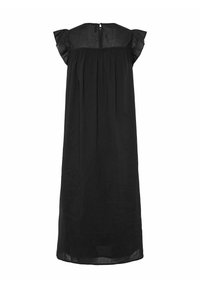 Juodas lininis suknelė su trumpomis volanėlėmis, susirinkusiu kūnu ir skylute gale. Ilgas, lengvas dizainas be raštų.
