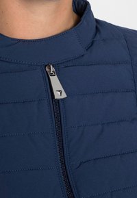 Giacca imbottita blu navy con colletto alto, dotata di chiusura con zip argentata e dettagli di cucitura eleganti. Leggera, dal tessuto liscio.