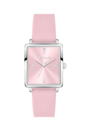 Quadratische silbergerahmte Uhr mit pinkem Zifferblatt und passendem pinkfarbenem Silikonarmband, mit minimalistischen Stundenmarkierungen und drei silbernen Zeigern.