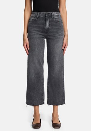 Jeans neri sbiaditi a gamba larga con vita alta, orli sfrangiati e design tradizionale a cinque tasche, realizzati in morbido tessuto denim.
