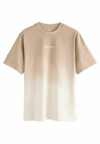 Beige gradient t-shirt med korte ærmer, med teksten "BROOKLYN" i hvid. Blødt bomuldsstof med en glat tekstur.