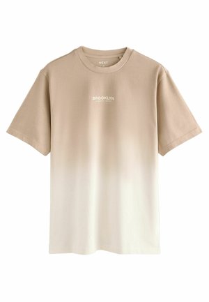 Beige gradient t-shirt with short sleeves, featuring "BROOKLYN" text in white. Soft cotton fabric with a smooth texture.